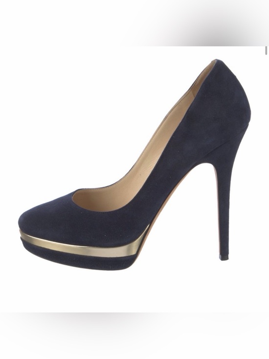 Jimmy Choo Shoes - Jimmy Choo Navy Suede Platform Pump with Gold Trim